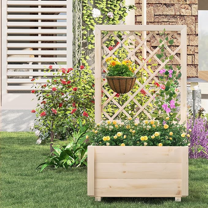Giantex Set of 2 Raised Garden Bed with Trellis, Drainage Hole, Wood Elevated Planter Box for Climbing Vine Flower Herb Vegetable Fruit, for Indoor Outdoor Patio Balcony (23”x14”x40”)
