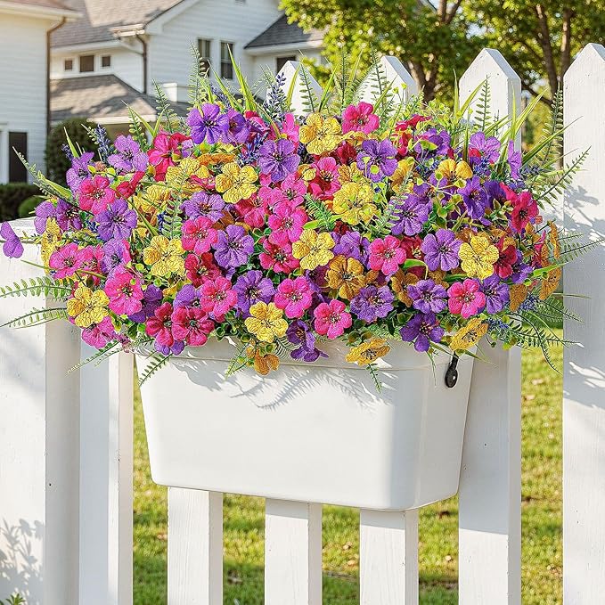 Alupssuc 36 Bundles Artificial Flowers for Outdoors Spring Summer Decoration, UV Resistant Eucalyptus Violet and Lavender Silk Fake Plants for Outside Indoor Yard Home Patio Decor, Yellow Rose Purple