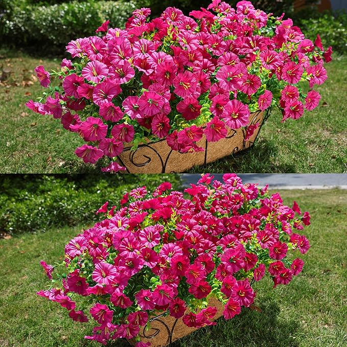 HyeFlora Artificial Flowers for Outdoors Fake Plants Outside Decoration, 12 Bundles Faux Fuchsia Morning Glory UV Resistant Look Real Silk Flowers for Outside Planter Front Door Porch Patio Yard Urn