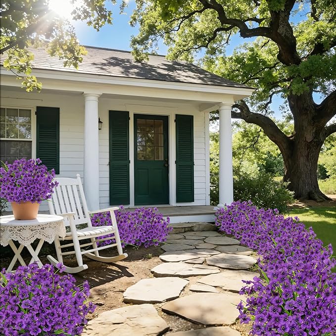 Roberly 24 Bundles Artificial Flowers for Outdoors UV Resistant Silk Fake Flowers Faux Plastic Plants for Porch Garden Window Box Indoor Outdoor Spring Summer Home Farmhouse Decor, Purple