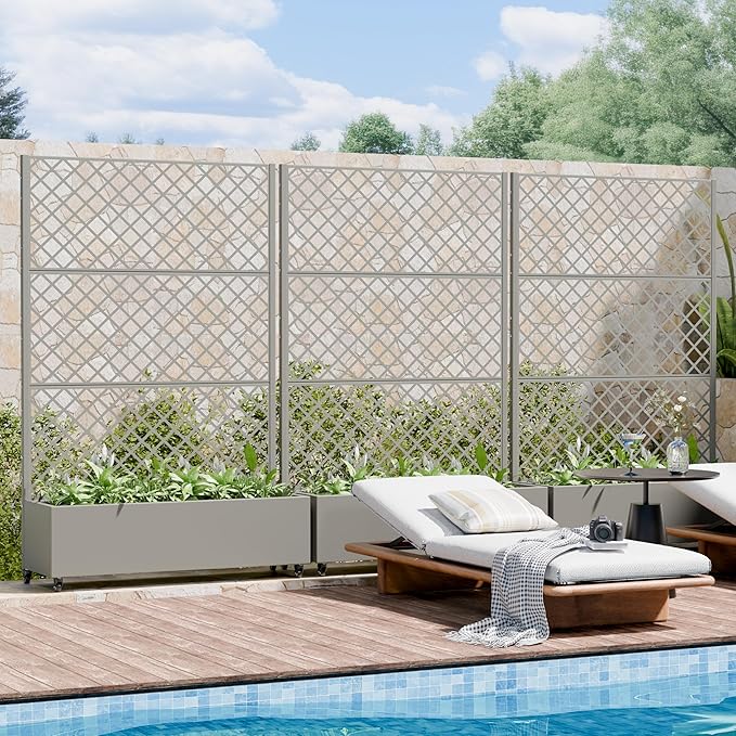 Casaphoria Metal Raised Garden Bed with Trellis and Wheels, 72"x47"x16" Arched Planter Box for Climbing Plants, Vegetables & Vines, Features Drainage Holes and Privacy Screen, Grey-Rhombus