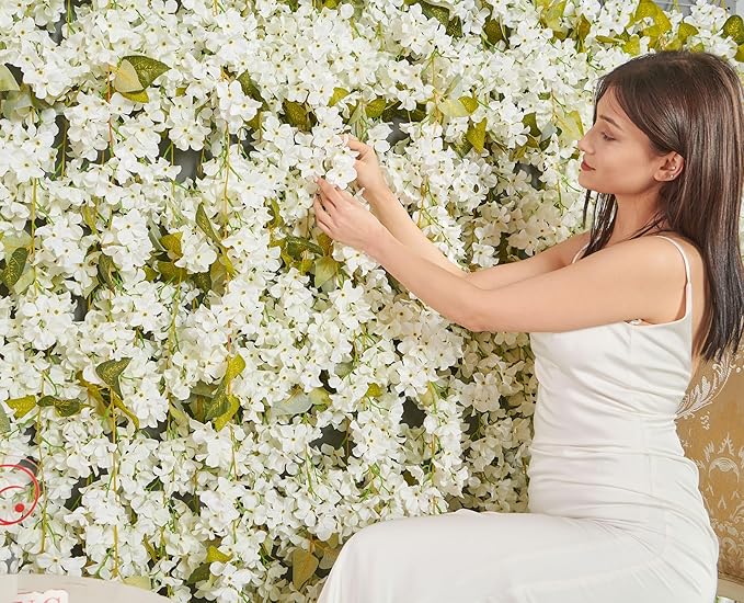 Flower Garland, Artificial Hydrangea Vine Flowers, Hanging Fake Hydrangeas Vine for Room Anniversary Wedding Birthday Christmas Wall Arch Decor, 2 Pcs, Floral Garland, White Flower