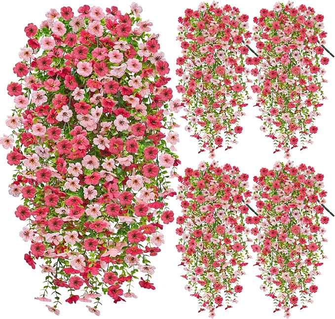 Artificial Hanging Flowers for Outdoors Spring Summer Decoration, 4PCS UV Resistant Silk Fake Hanging Plants for Patio Porch Front Yard Window Garden Indoor Decor(Hot Pink&Light Pink,4PCS)