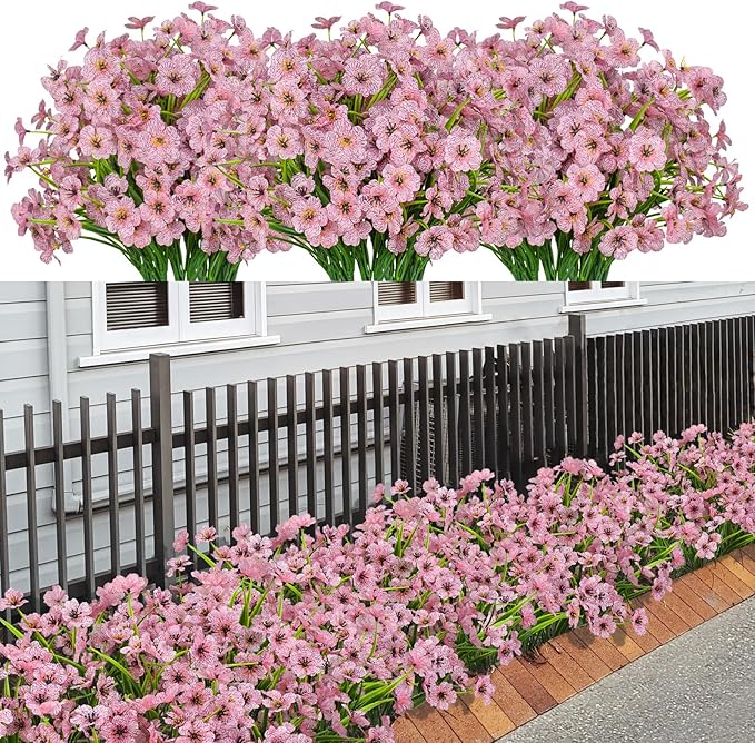 21 Bundles Artificial Outdoor UV Resistant Flowers No Fade Fake Outside Flowers Plastic Greenery Faux Shrubs Garden Porch Window Box Home Decoration(Pink)