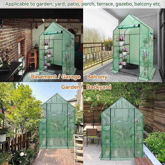 Heyfurni Walk in Greenhouse with Shelves,Walk-in Plant Green House with Durable Green PE Cover, 3 Tiers 6 Shelves Stands with Ground Pegs & Ropes for Stability, 56"x28"x76"