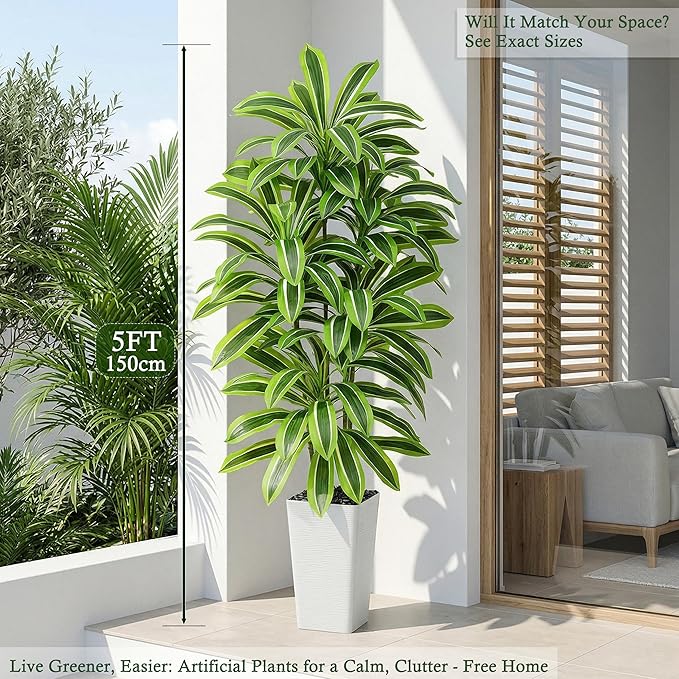 Artificial Dracaena Tree：5FT Faux Silk Tropical Yucca Floor Trees Realistic Fake Green Plant with Natural Wood Trunk & Lifelike Leaves for Home Office Decor Indoor & Outdoor (5FT,1-Pack,White)