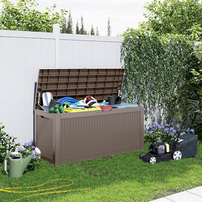 PatioZen 120 Gallon Resin Deck Box, Lockable Patio Outdoor Storage Box for Furniture, Garden Tools and Tools Storage, Waterproof Outside Storage Boxes - Grey