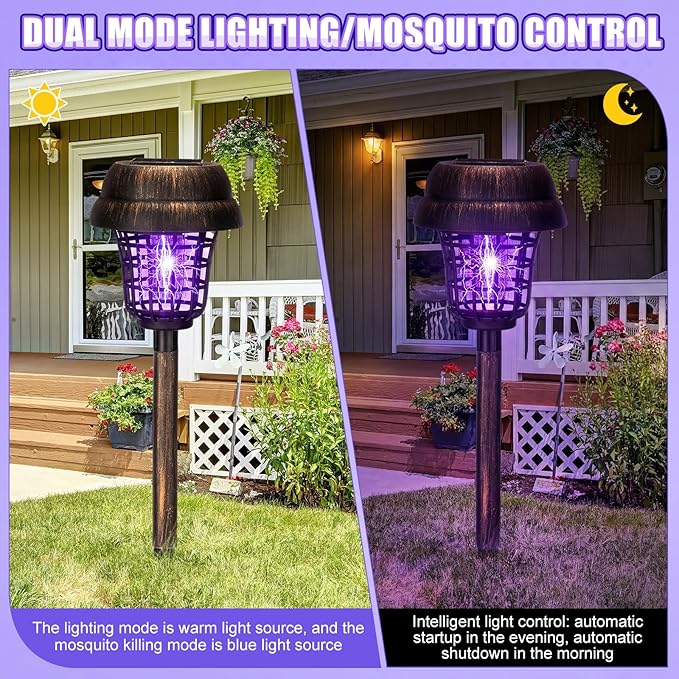 Qualirey 4 Pcs Solar Mosquito Zapper Outdoor Waterproof Solar Powered Bug Zapper Outdoor Mosquito Killer Lamp Trap Repellent Light for Garden Yard Insect (Purple and Warm Light,Bronze)