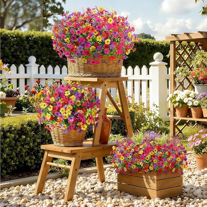 SHareconn 24 Bundles Artificial Flowers for Outdoors Decoration, Faux Plants Fake Silk Colorful Daisy Eucalyptus Lavender, UV Resistant for Outside Home Porch Indoor Spring Decor, RedRosyPurpleYellow