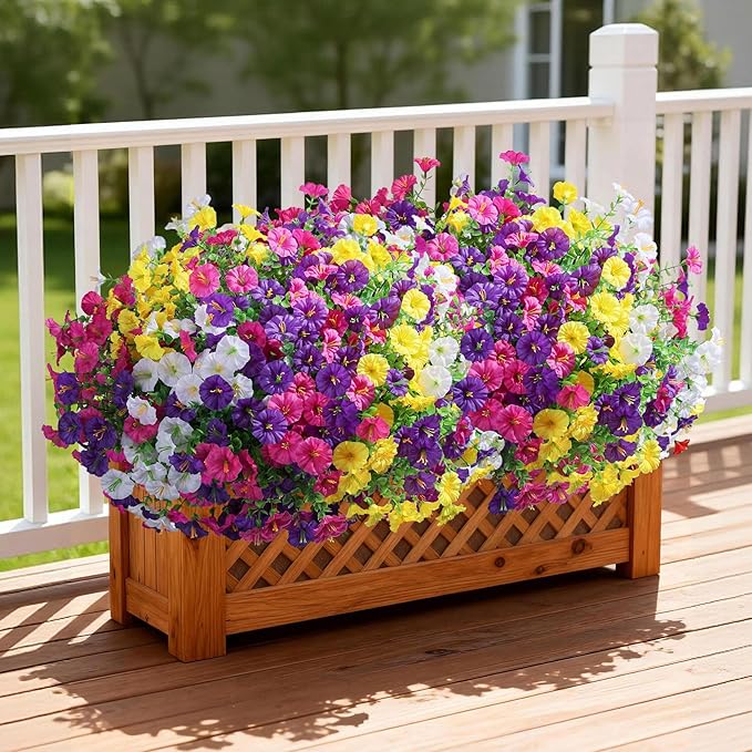 Ivydale 24 Bundles Artificial Flowers for Outdoors Faux Plants Spring Outdoor Decoration Silk Morning Glory Realistic UV Resistant Fake Petunias for Outside Porch Patio Window Garden Yard Home