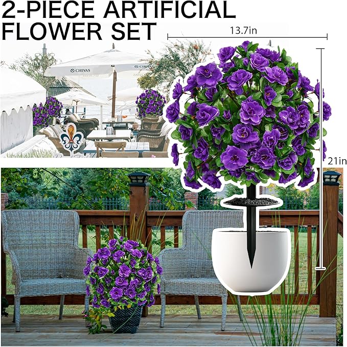 Artificial Flowers for Outdoors, Faux Outdoor Plants Fake Plants Topiary Balls Artificial Outdoor Set of 2 with Ground Spike for Home Front Porch Patio Garden Decor (Purple)