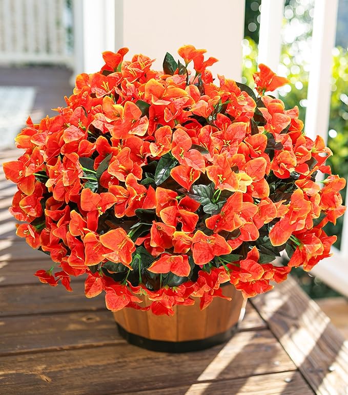 Artificial Flowers for Outdoors Spring Summer Porch Decor, 4 Bundles Fake Bougainvillea Realistic Silk Flowers for Outside UV Resistant Faux Outdoor Plants for Planters Patio Yard Balcony Home, Orange