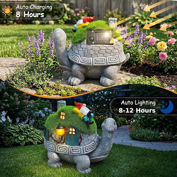 SunGlee Solar Turtle Garden Statue Lights with Rooftop Lawn Gnome Solar Garden Decor for Outside Yard Balcony Patio Lawn Ornament Home Decor Gifts for Mom Grandma