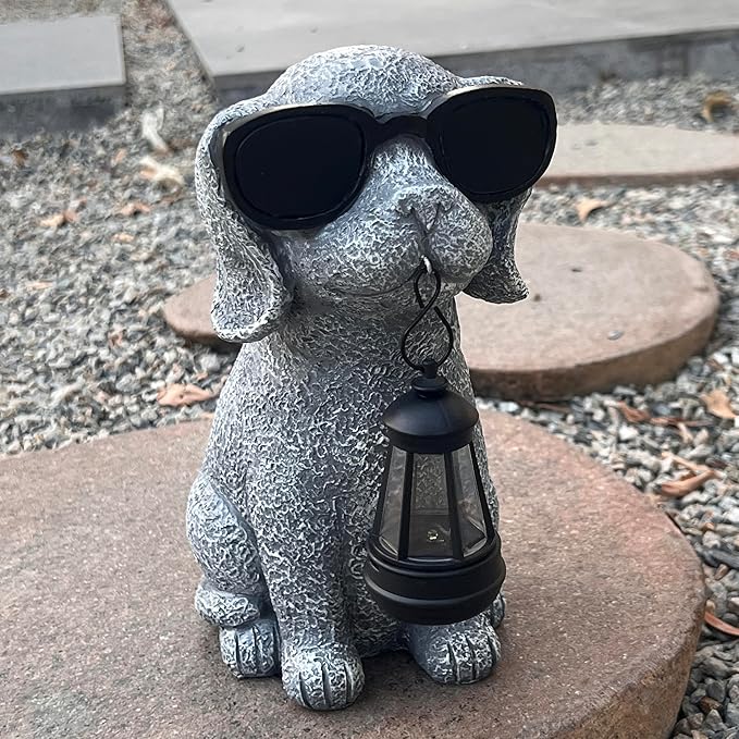 Solar Garden Outdoor Dog Statues - Garden Decorations Dogs Statue with Lantern, Waterproof Led Lights Yard Decor Figurine Birthday Gifts for Women Mom Grandma Dog Lovers for Patio Balcony Lawn