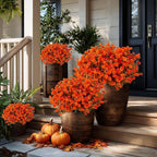 Artificial Fall Flowers Outdoor Fake Mums - 12 Bundles Fake Plants UV Resistant No Fade Faux Plastic Greenery Garden Porch Patio Fall Home Decor(OrangeGreen)