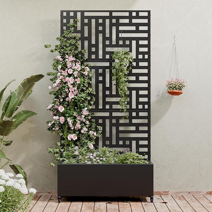 Casaphoria Metal Raised Garden Bed with Trellis and Wheels, 72"x35"x16" Planter Box for Climbing Plants, Vegetables & Vines, Features Drainage Holes and Privacy Screen (Black-Helen)