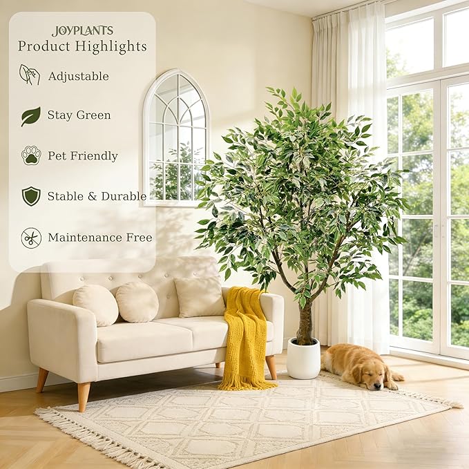 Ficus Tree Artificial 6FT, Artificial Indoor Plants with White Pot Lifelike Branches and Realistic Leaves,Perfect for House Living Room Office Garden Gate Outdoor