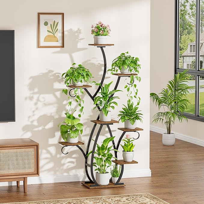 EVAWOO Plant Stand Indoor with Grow Lights - 58" Tall Plant Shelf Indoor, 8 Tiered Corner Lighted Plant Stand for Indoor Multiple Plants, Metal Flower Stands Display Rack for House, Patio, Black