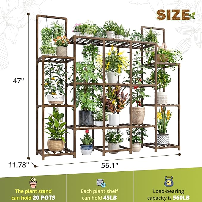 EnHomee Plant Stand Indoor Tall Plant Stand Outdoor Large Wood Plants Shelf with 16-20 Pots for Patio, Living Room, Garden, Balcony, 56.1" Wx47 Hx11.78 D