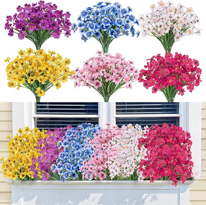 Bassion 24 Bundles Artificial Flowers for Outdoors Decoration, UV Resistant Mixed Color Silk Fake Faux Flowers Artificial Plants for Hanging Basket Outside Window Box Porch Garden Home Decor