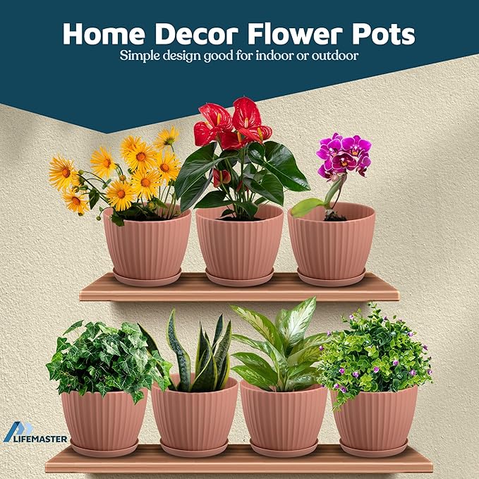 Pink 6-Inch Plant Pots with Drainage & Saucers 24 Pack, Indoor & Outdoor Planters for Houseplants, Herbs, and Flowers, Durable & Weatherproof Material, Stackable, Lightweight, Minimalist Design
