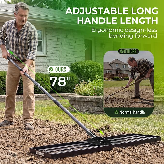 Walensee Lawn Leveling Rake, Levelawn Tool, Heavy Duty Effort Saving Lawn Level Tool, Steel Handle Lawn Leveler for Yard Garden Golf Course , Ease Level Soil Sand Dirt Surfaces, 6.5FT 30"x10"