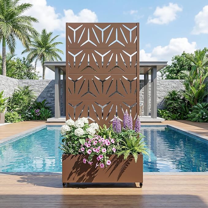 Casaphoria Metal Raised Garden Bed with Trellis and Wheels, 72"x35"x16" Planter Box for Climbing Plants, Vegetables & Vines, Features Drainage Holes and Privacy Screen, Brown-Star