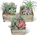 Der Rose Set of 3 Succulents Plants Artificial Fake Plants in Wood Pots with Pink Fake Flowers for Farmhouse Bathroom Desk Sheif Decor