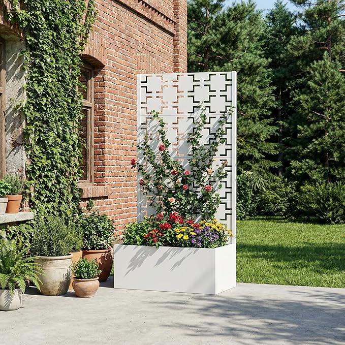 Casaphoria Metal Raised Garden Bed with Trellis, 59"x30"x12" Planter Box for Climbing Plants, Vegetables & Vines, Features Drainage Holes and Privacy Screen, White-Square