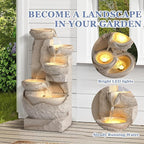 Grepatio Outdoor Water Fountain 5-Tiers Cascading Rock Waterfalls Fountains with 5 LED Lights, Indoor/Outdoor Modern Beige Bowl Feature Garden Water Fountain for Yard, Patio, House Decor
