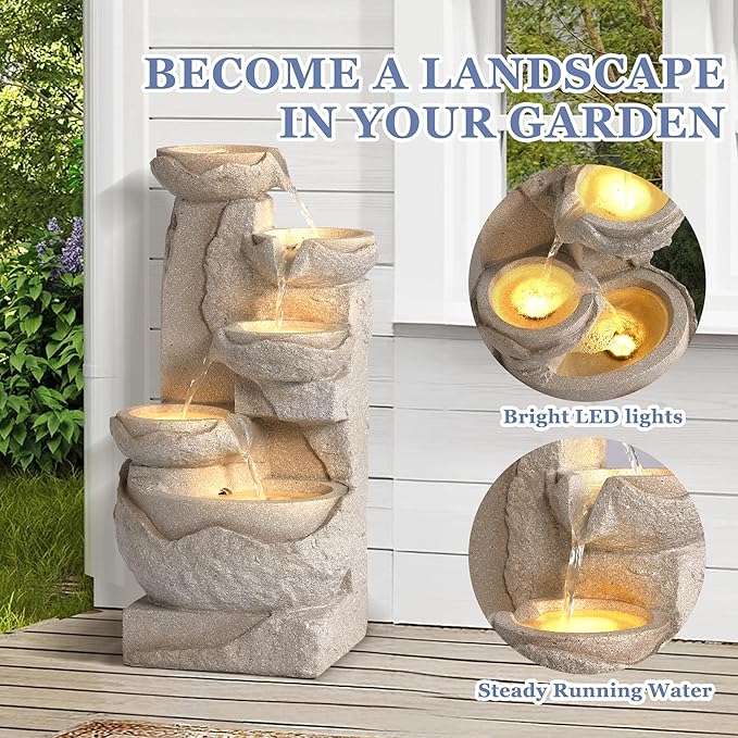 Grepatio Outdoor Water Fountain 5-Tiers Cascading Rock Waterfalls Fountains with 5 LED Lights, Indoor/Outdoor Modern Beige Bowl Feature Garden Water Fountain for Yard, Patio, House Decor