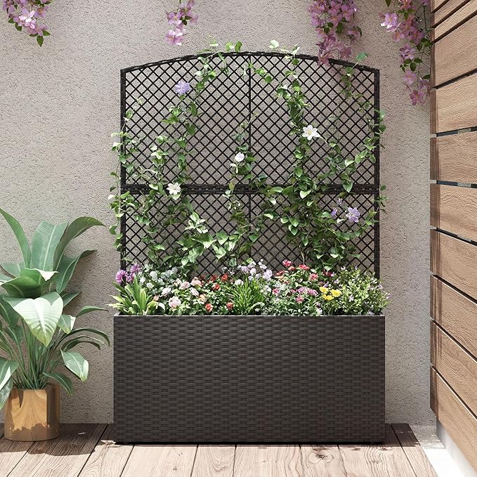 Happygrill Raised Garden Bed with Trellis, 58" Wicker Planter Box with Privacy Screen, Liner, Drainage for Patio Balcony, Outdoor PE Rattan Elevated Garden Bed for Climbing Plant Vine Flower (Black,1)