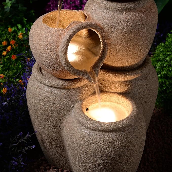29.53” H 3-Tiers Cascading Jars Outdoor Water Fountain Made with Eco-Friendly Recyclable Materials, Polyethylene Waterfall Fountain, Outdoor Decor with LED Lights for Patio, Backyard