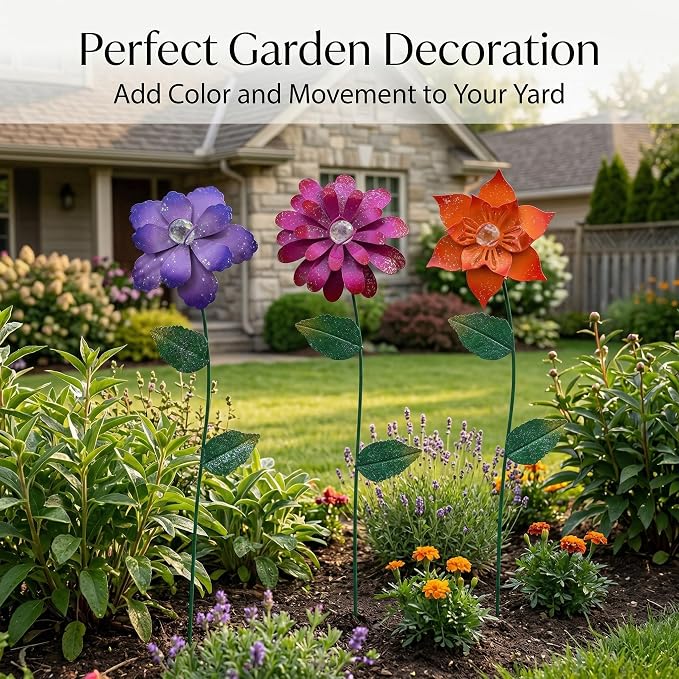 Topadorn Floral Garden Stake Glow in Dark Plant Pick Water Proof Metal Flower Stick for Outdoor Garden Decor, Set of 3