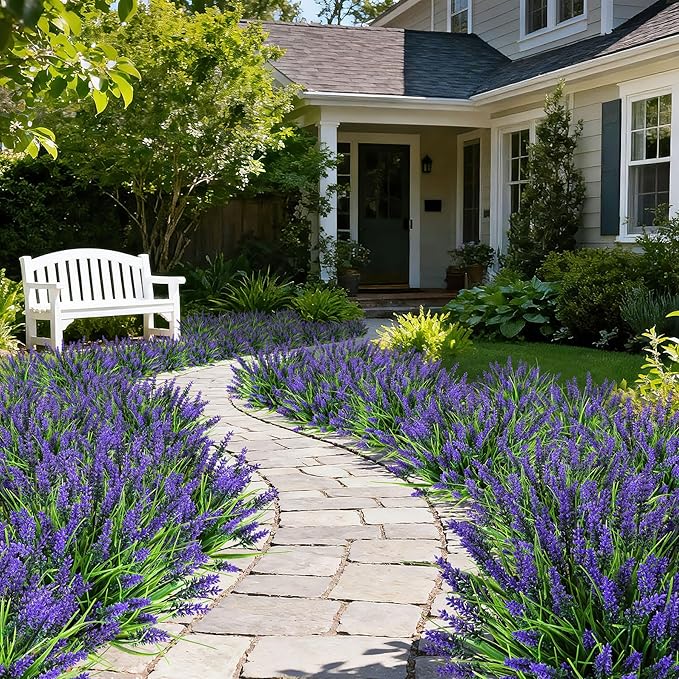 16 Bundles Artificial Plants Outdoor, UV Resistant Fake Lavender & Monkey Grass, Realistic Plastic Faux Plants for Balcony, Patio, Porch Greenery Decor, Planter Filler(Purple)