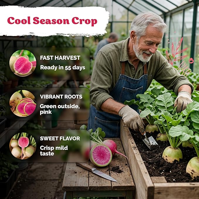 KVITER 550 Watermelon Radish Seeds (Raphanus Sativus) - Red Meat Radish Seed Packets, Mild Sweet Flavor, Heirloom Seed - Annual Vegetable Seeds for Outdoor Garden, Raised Beds, Containers