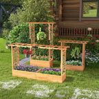 HAPPYGRILL 72" Raised Garden Bed with Trellis, 2 Pack Freestanding Wood Planter Box w/Hanging Roof & 2 Drainage Holes for Vine Climbing Plants Flowers, Outdoor Planter w/Trellis for Garden Patio