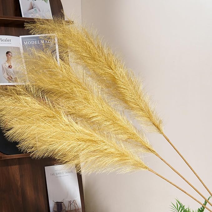 Premium Faux Gold Pampas Grass – 55" Tall Ultra-Fluffy 24-Branch One-Piece Stems No Assembly, Luxury Silk-Feel Feather Flowers for Wedding Boho Luxe Home Decor (Champagne Gold, 8 Stems)