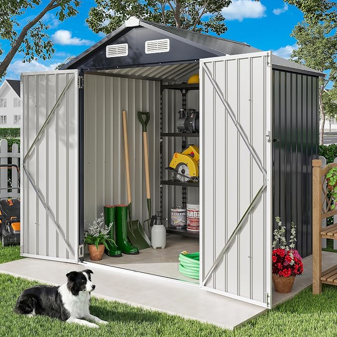 IRONCK 5.7x5.7FT Storage Shed, Outdoor Tool Shed with Lockable Doors and Breathable Vent, Outside Metal Garden Storage for Poolside, Backyard, Patio, Dark Blue