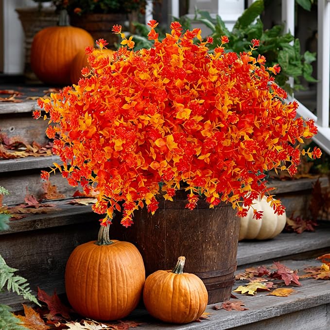 Artificial Fall Flowers Outdoor Fake Mums - 12 Bundles Fake Plants UV Resistant No Fade Faux Plastic Greenery Garden Porch Patio Fall Home Decor (OrangeYellow)