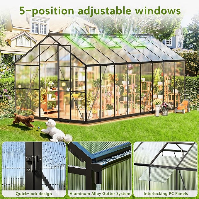 Wanan 8x16FT Greenhouses for Outdoors, Quick Assembly Green House with UV Protection, Heavy Duty Windproof Aluminum Frame, Adjustable Roof Vent for Backyard or Outdoor Garden Use