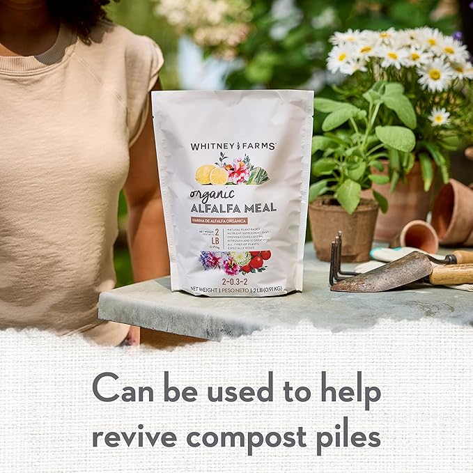 Whitney Farms Organic Alfalfa Meal 2-0.3.2 - Slow-Release Nitrogen Fertilizer and Soil Enhancer for Vegetables, Flowers, Roses, Herbs, and Shrubs, 2 lb.