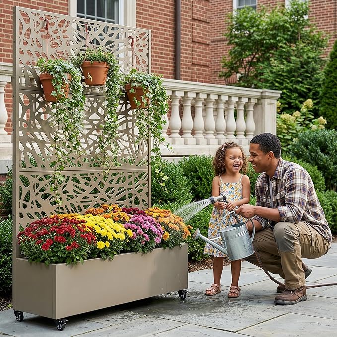 Casaphoria Metal Raised Garden Bed with Trellis and Wheels, 72"x47"x16" Arched Planter Box for Climbing Plants, Vegetables & Vines, Features Drainage Holes and Privacy Screen, Grey-Net