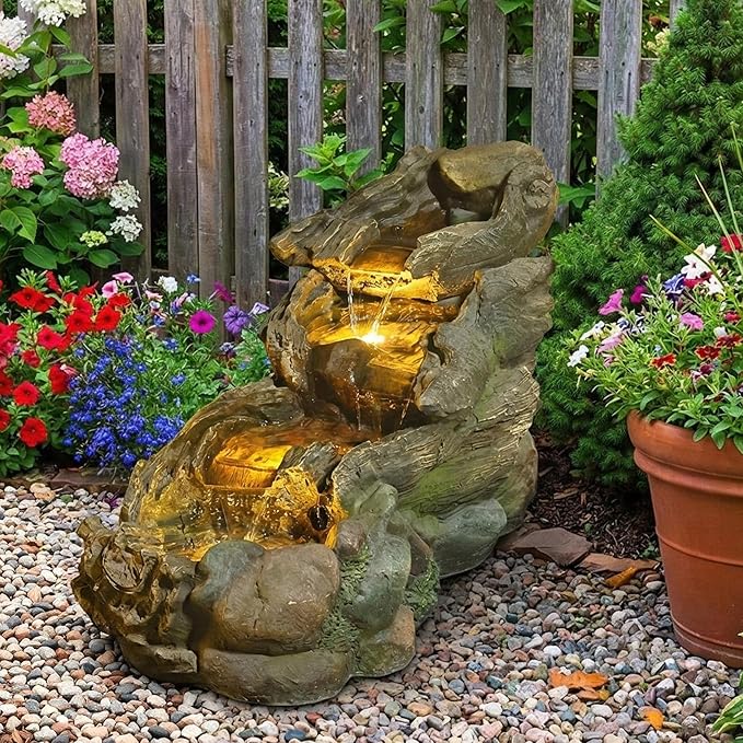 Sunlinua 37" L Outdoor Water Fountain with 3 Tiers Cascading Realistic Tree Trunk Waterfall Fountains with LED Lights Outdoor Water Fountain for Garden Patio Backyard Porch Home Decor