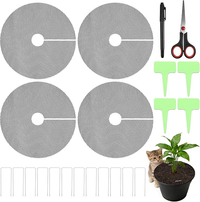 Catcan Plant Pot Soil Covers, 4Pcs 15.7 Inch Animal Barrier Protectors for Indoor Outdoor Potted Plants, Includes Scissors, Marker, Plant Labels & Ground Pegs