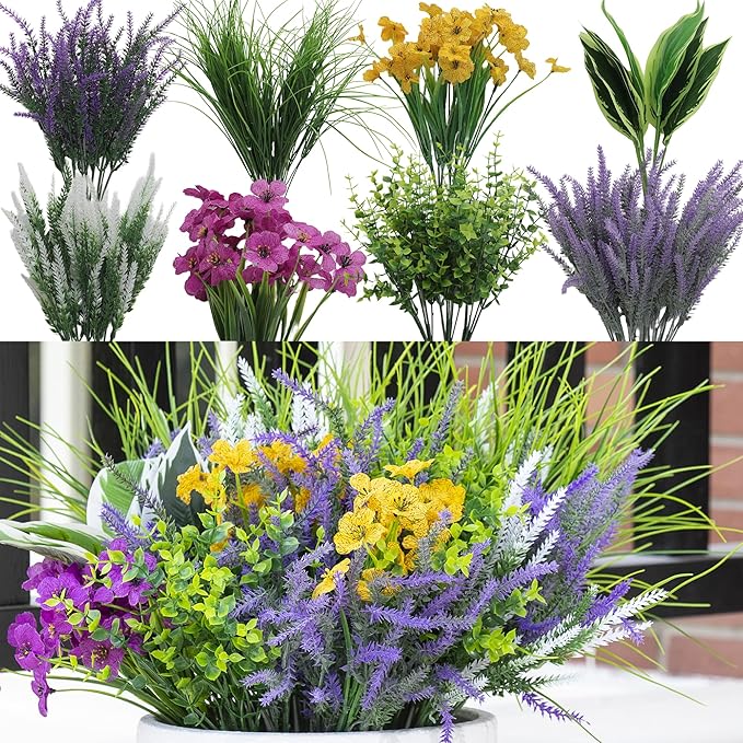 Green Moon 25 Bundles Fake Plants Outdoor with Artificial Lavender Flower UV Resistant Faux Greenery Plants for Home Planter Garden Patio Front Porch Yard Decor