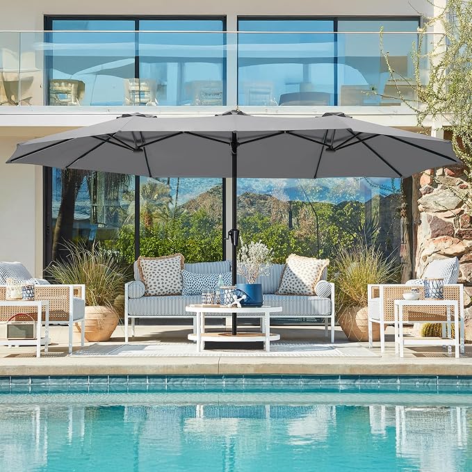 SUPERJARE 15FT Outdoor Umbrella for Patio, Double sided Pool Umbrellas with Fade Resistant Canopy, Large Table Umbrella for Deck, Market, Backyard - Gray(No Base)