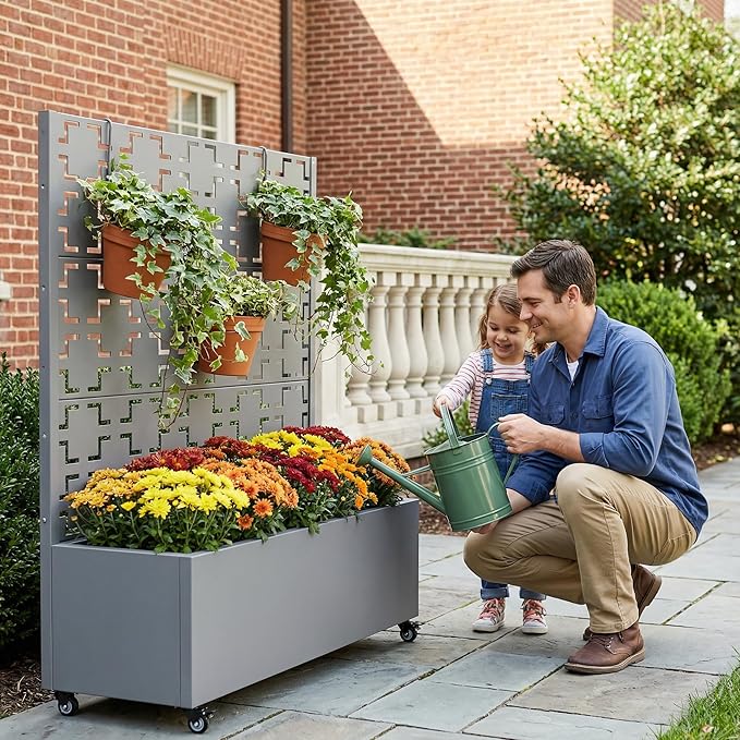 Casaphoria Metal Raised Garden Bed with Trellis and Wheels, 47"x47"x16" Planter Box for Climbing Plants, Vegetables & Vines, Features Drainage Holes and Privacy Screen, Grey-Square