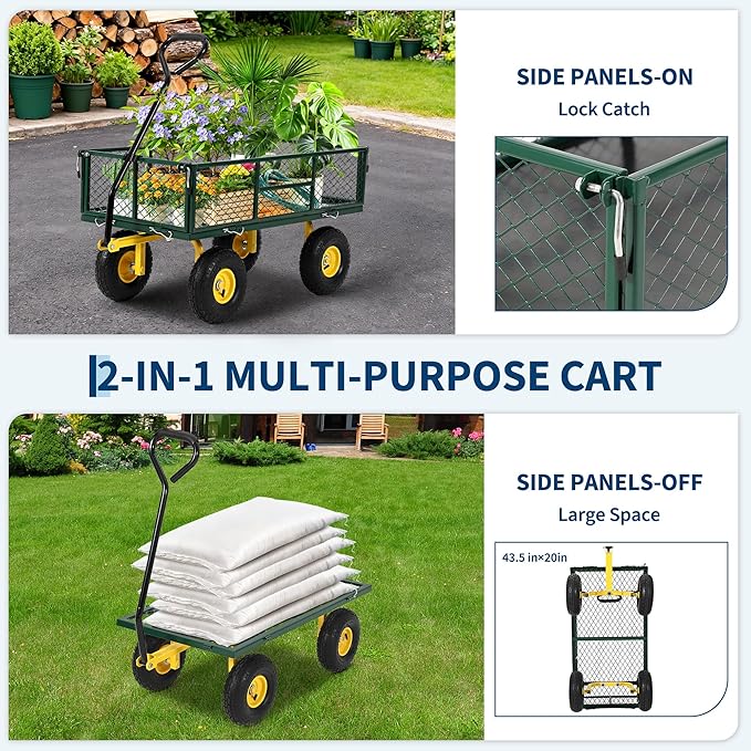 900 lbs Heavy Duty Steel Garden Cart, Garden Wagon Cart on Wheels, Outdoor Metal Yard Utility Wagon Carts with and Mesh Removable Sides and 180°Rotating Handle,Green