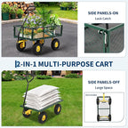 900 lbs Heavy Duty Steel Garden Cart, Garden Wagon Cart on Wheels, Outdoor Metal Yard Utility Wagon Carts with and Mesh Removable Sides and 180°Rotating Handle,Green